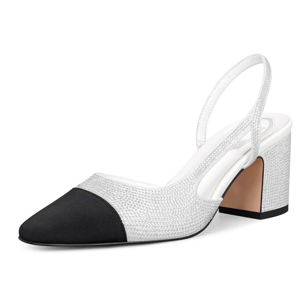 Hochfan Slingback Pumps Round Toe Two Tone Shoes Splicing Low Chunky Heeled